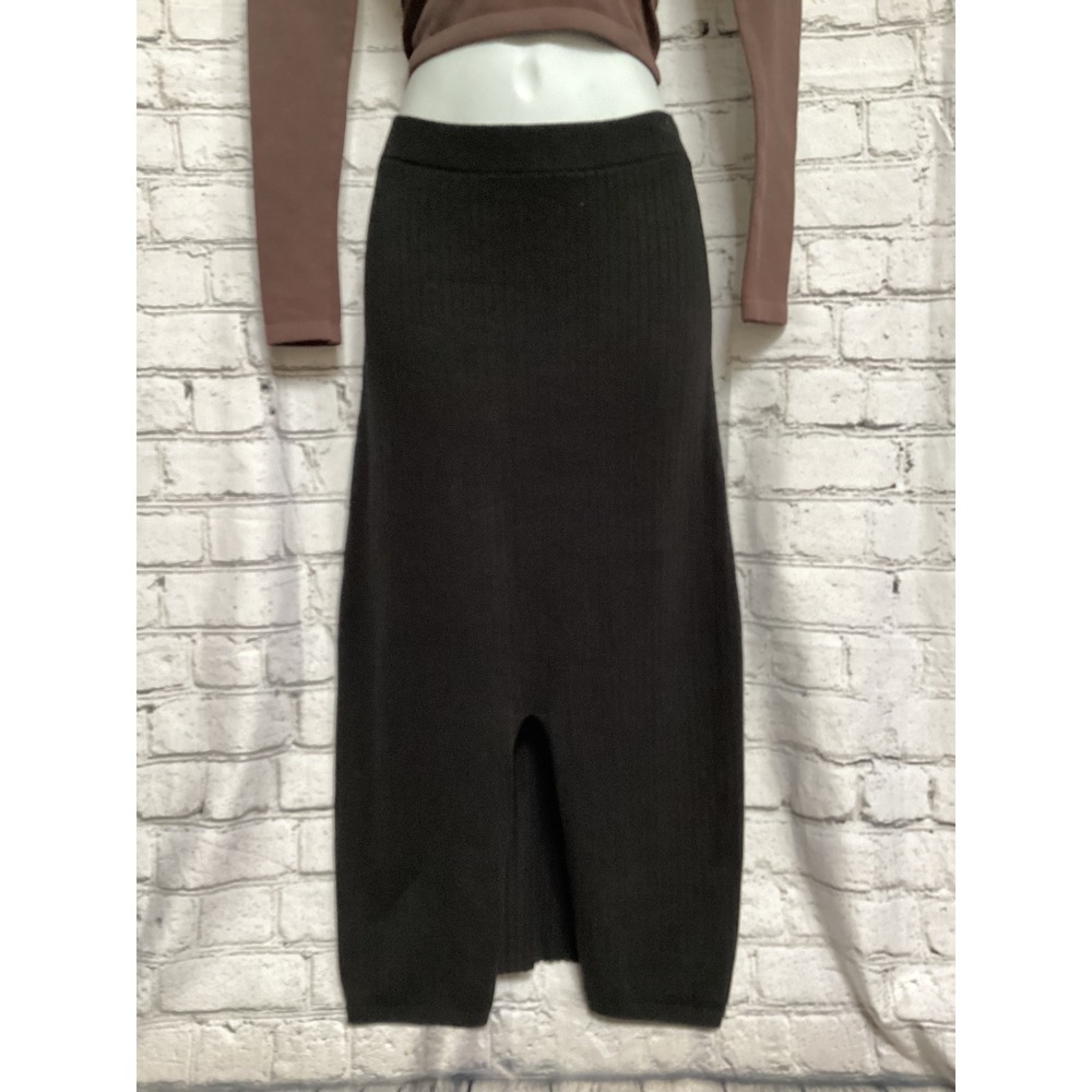 Free People Black Ribbed Knit Midi Skirt Front Slit Size S